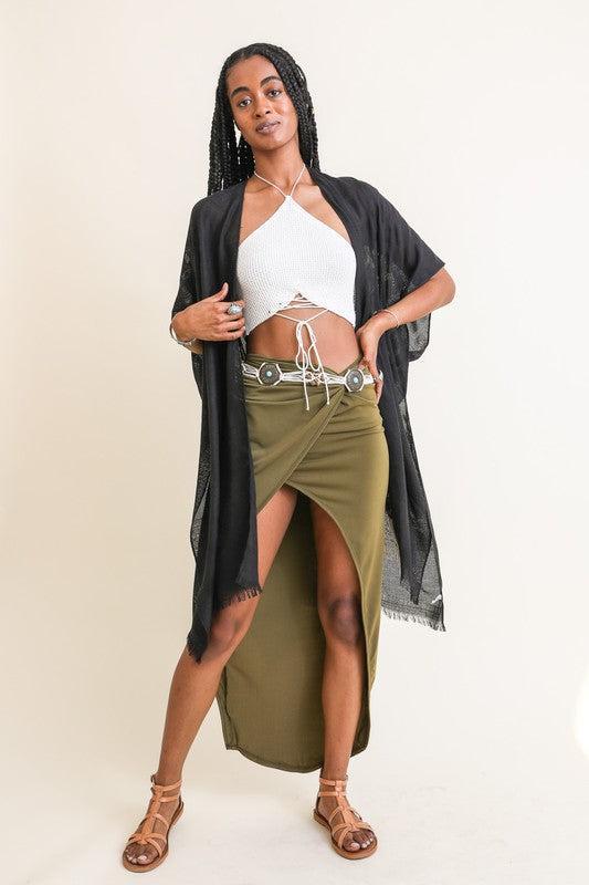 Diamond Embroidered Frayed Edge Kimono-Kimono-Evelyns Fashion