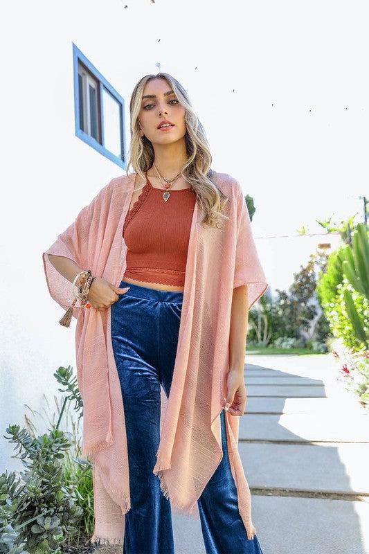 Diamond Embroidered Frayed Edge Kimono-Kimono-Evelyns Fashion
