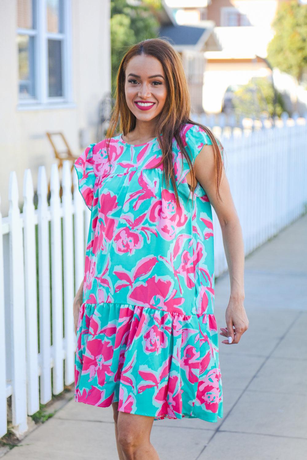 Diva Dreaming Aqua Floral Print Tiered Ruffle Sleeve Dress-2024 Summer Blow Out Sale-Evelyns Fashion