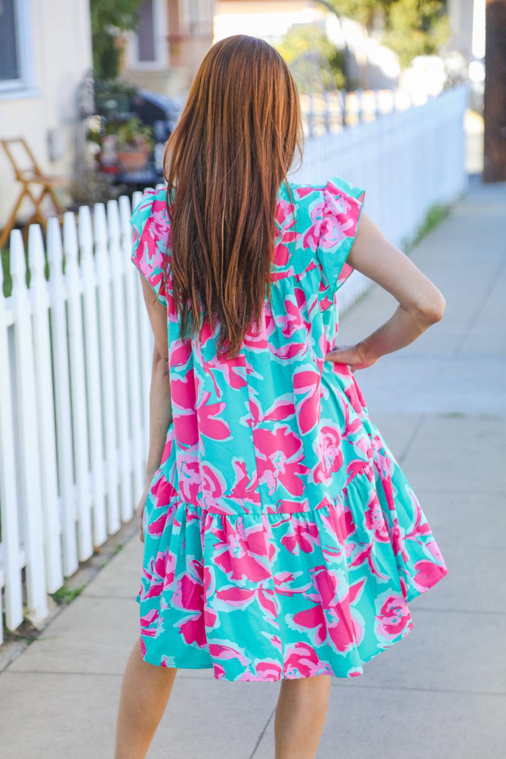 Diva Dreaming Aqua Floral Print Tiered Ruffle Sleeve Dress-2024 Summer Blow Out Sale-Evelyns Fashion