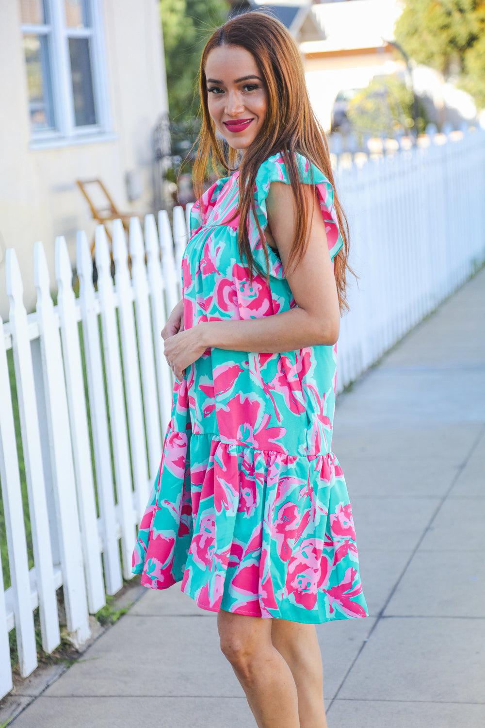 Diva Dreaming Aqua Floral Print Tiered Ruffle Sleeve Dress-2024 Summer Blow Out Sale-Evelyns Fashion