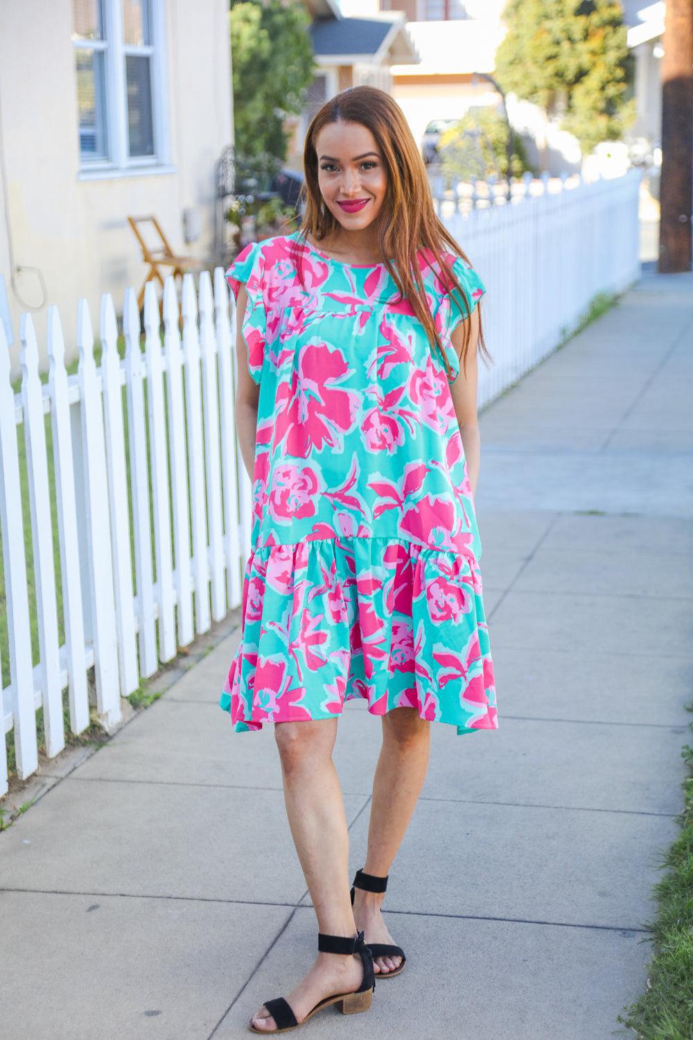Diva Dreaming Aqua Floral Print Tiered Ruffle Sleeve Dress-2024 Summer Blow Out Sale-Evelyns Fashion