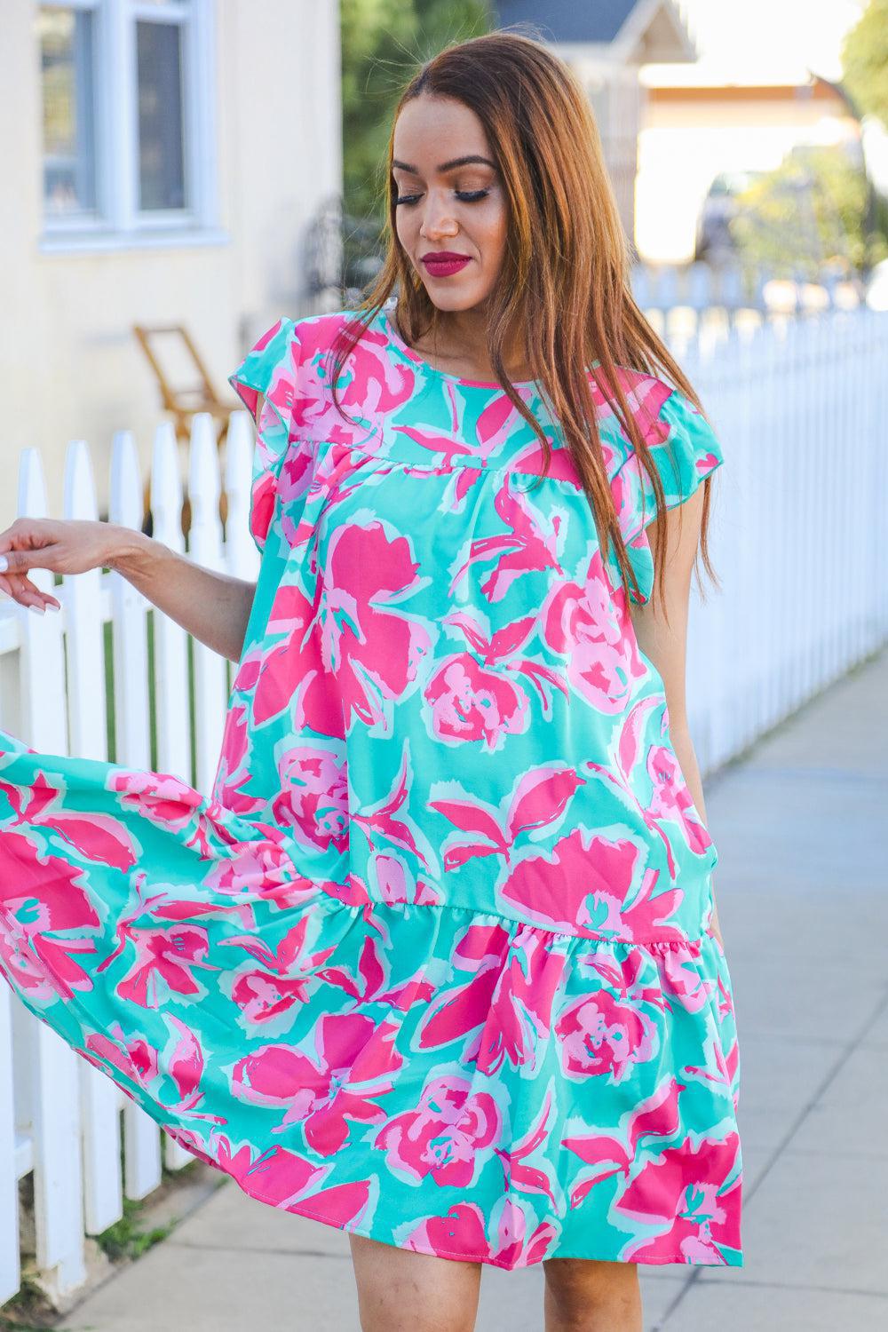 Diva Dreaming Aqua Floral Print Tiered Ruffle Sleeve Dress-2024 Summer Blow Out Sale-Evelyns Fashion