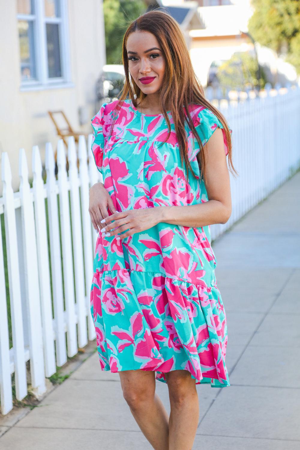Diva Dreaming Aqua Floral Print Tiered Ruffle Sleeve Dress-2024 Summer Blow Out Sale-Evelyns Fashion