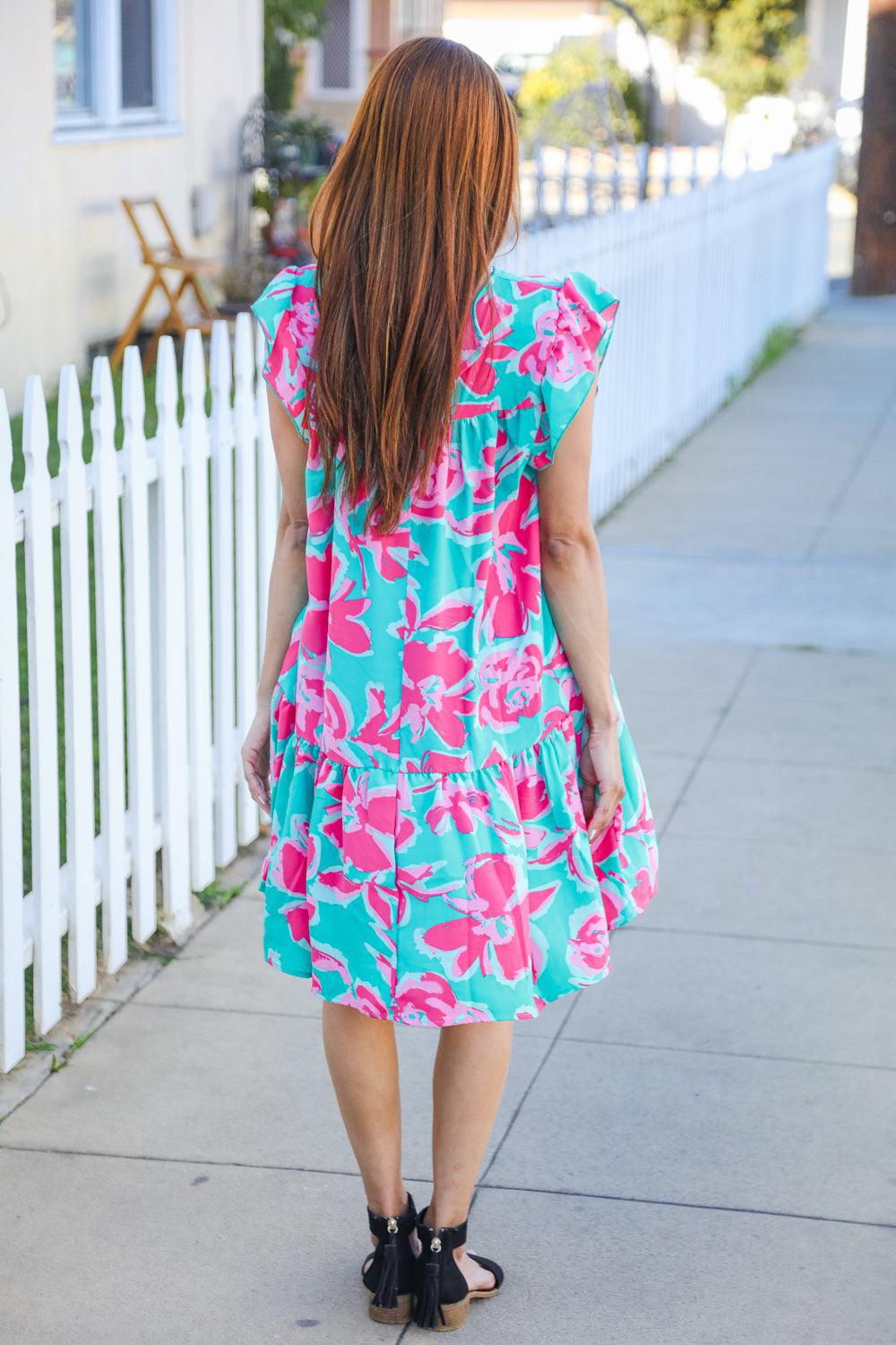 Diva Dreaming Aqua Floral Print Tiered Ruffle Sleeve Dress-2024 Summer Blow Out Sale-Evelyns Fashion