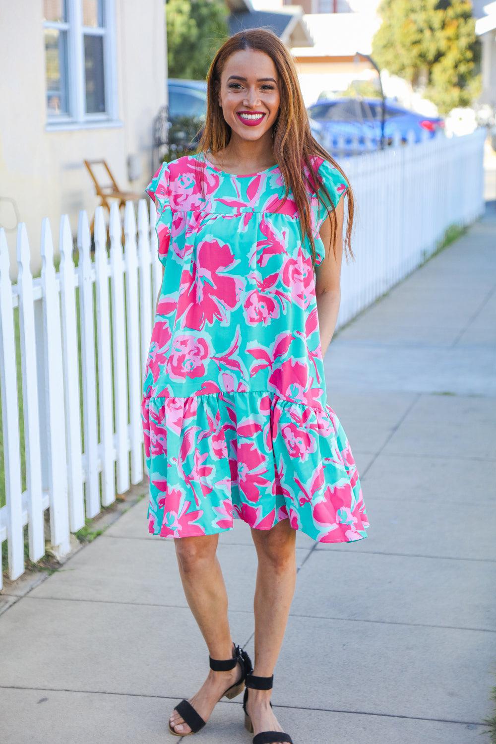 Diva Dreaming Aqua Floral Print Tiered Ruffle Sleeve Dress-2024 Summer Blow Out Sale-Evelyns Fashion