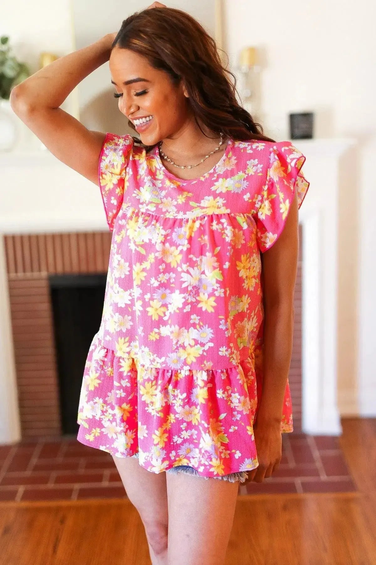 Diva Pink Floral Yoke Flutter Sleeve Keyhole Back Top-2024 Blow-Out Sale-Evelyns Fashion