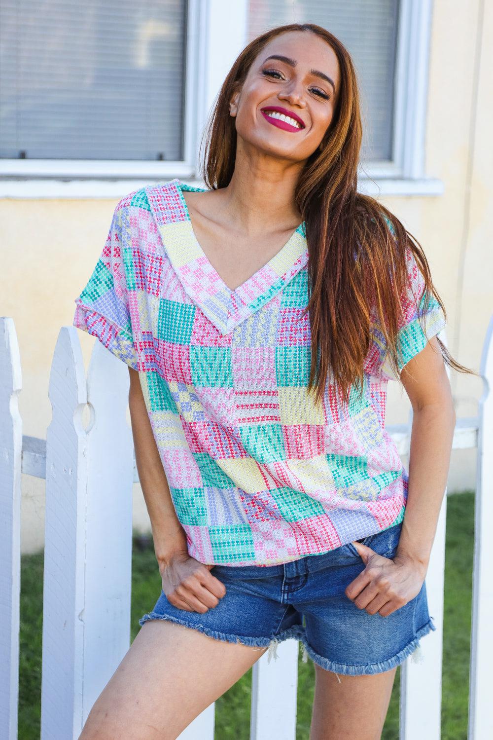 Easy Living Mint Patchwork Print Textured Knit V Neck Top-2024 Blow-Out Sale-Evelyns Fashion