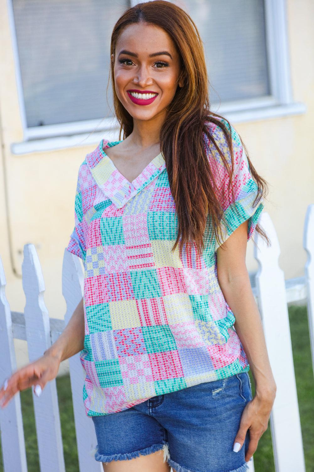 Easy Living Mint Patchwork Print Textured Knit V Neck Top-2024 Blow-Out Sale-Evelyns Fashion