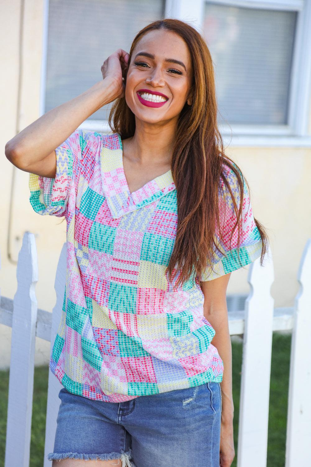 Easy Living Mint Patchwork Print Textured Knit V Neck Top-2024 Blow-Out Sale-Evelyns Fashion