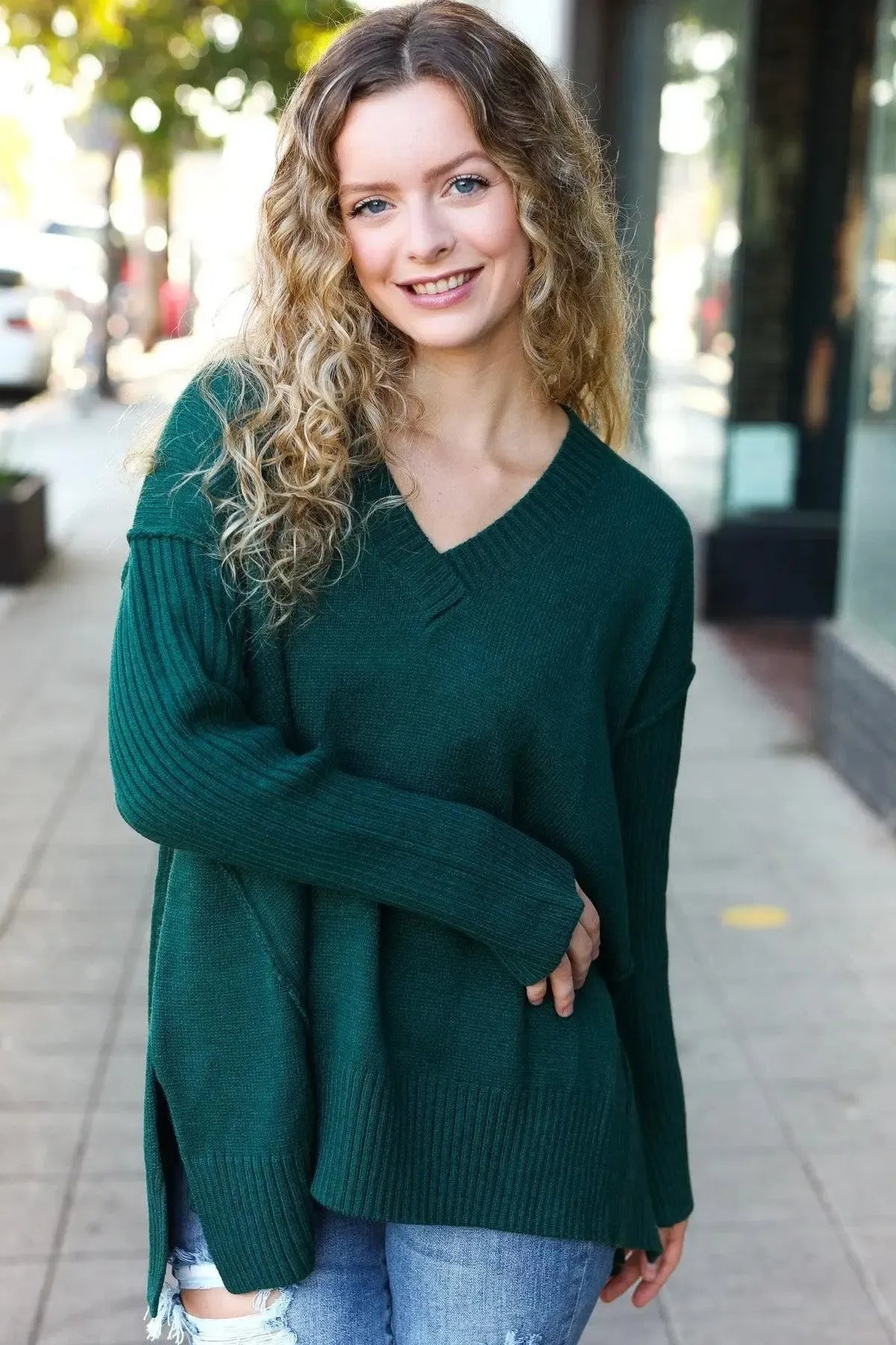 Effortless Comfort: Hunter Green Rib Knit Oversized V-Neck Sweater-2024 Blow-Out Sale-Evelyns Fashion