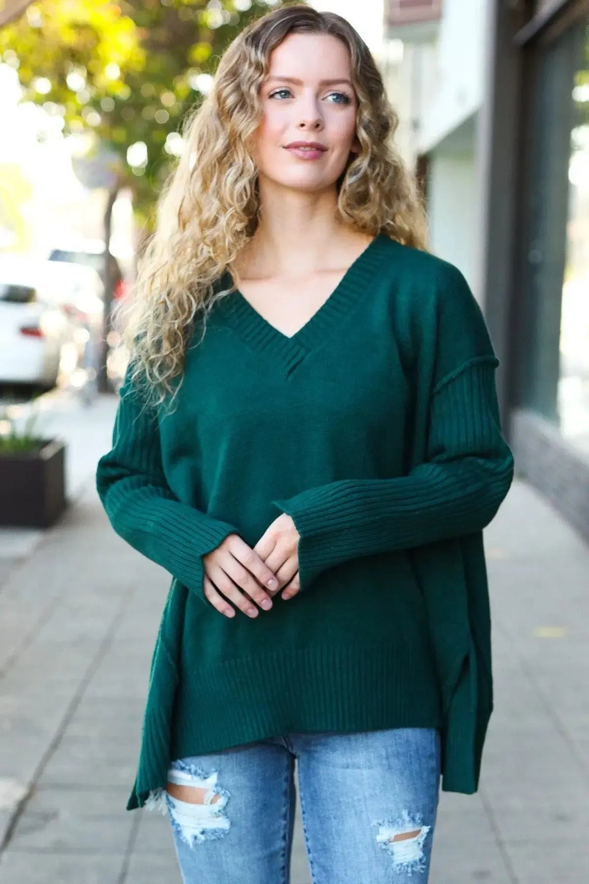 Effortless Comfort: Hunter Green Rib Knit Oversized V-Neck Sweater-2024 Blow-Out Sale-Evelyns Fashion