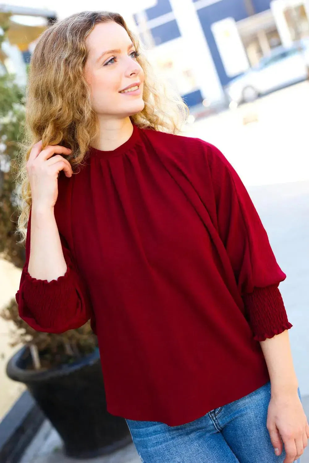 Effortless Elegance: Bold Dreams Wine Smocked Tie Back Top-Evelyns Fashion