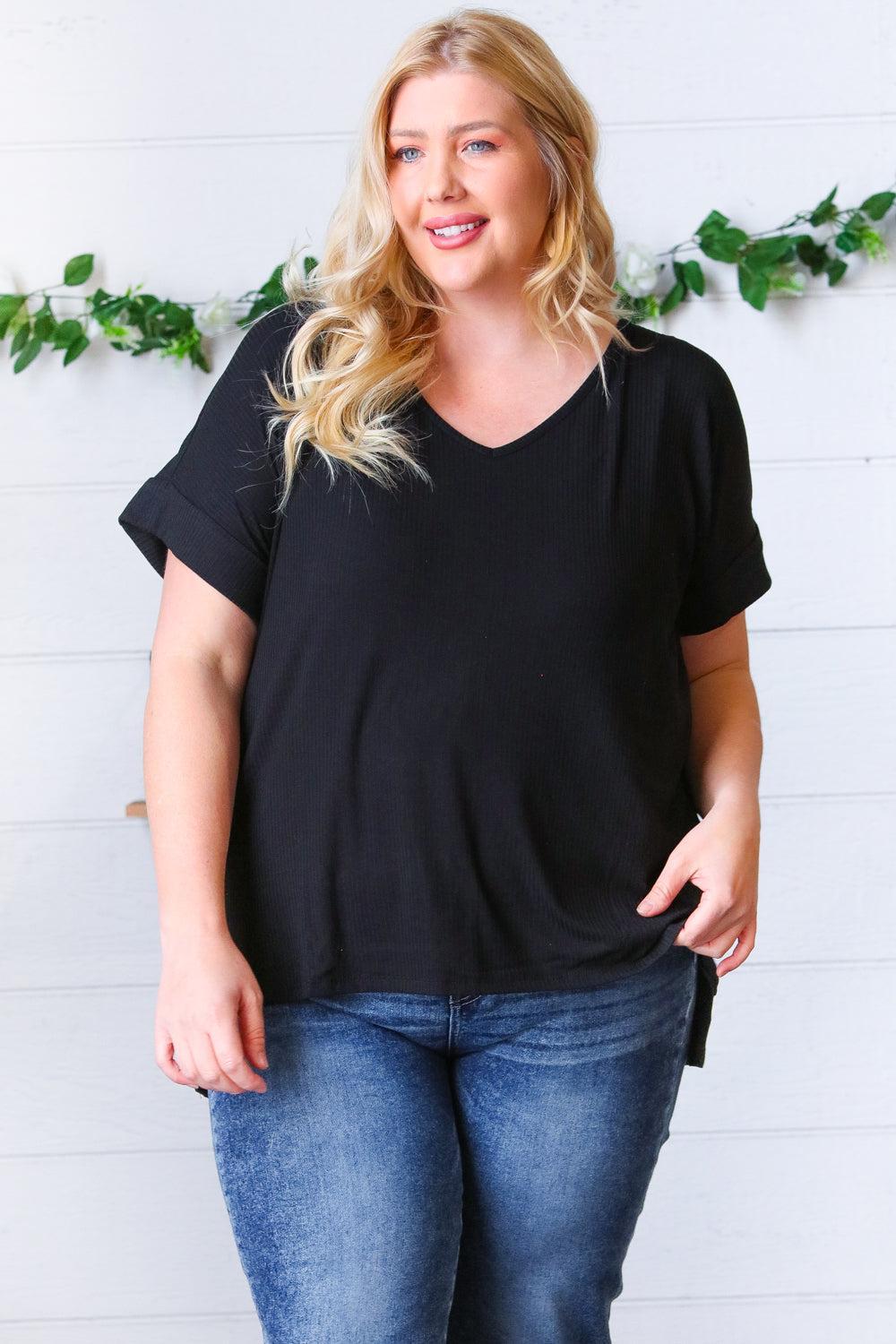 Effortless Style: Black Ribbed V Neck Top-Short Sleeve Blouse-Evelyns Fashion