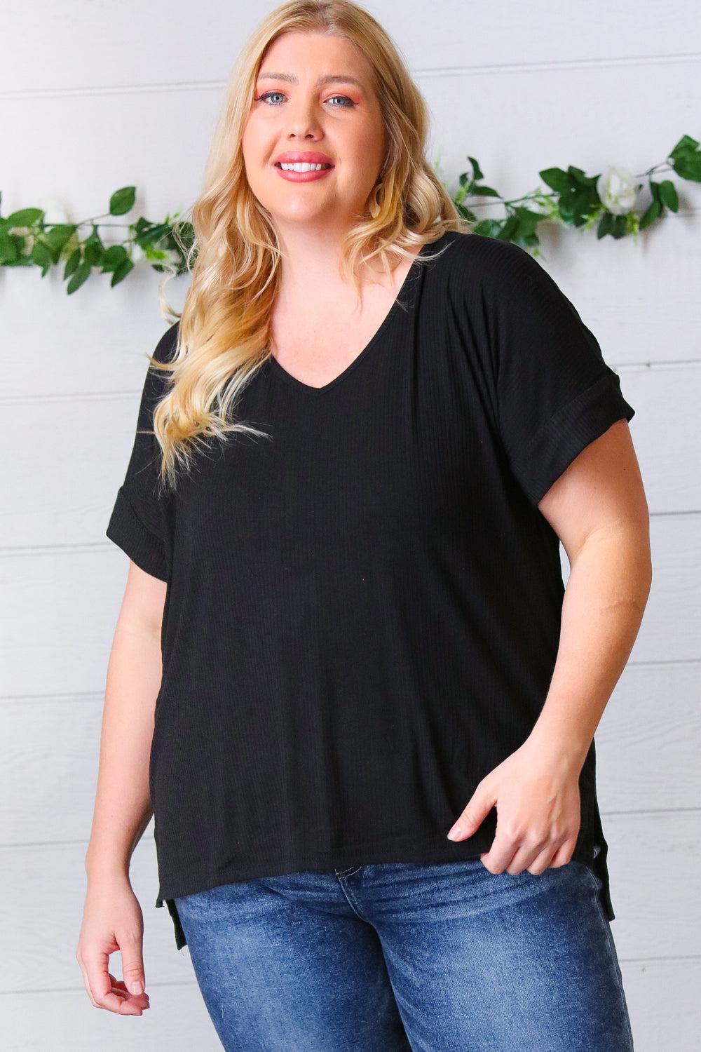 Effortless Style: Black Ribbed V Neck Top-Short Sleeve Blouse-Evelyns Fashion