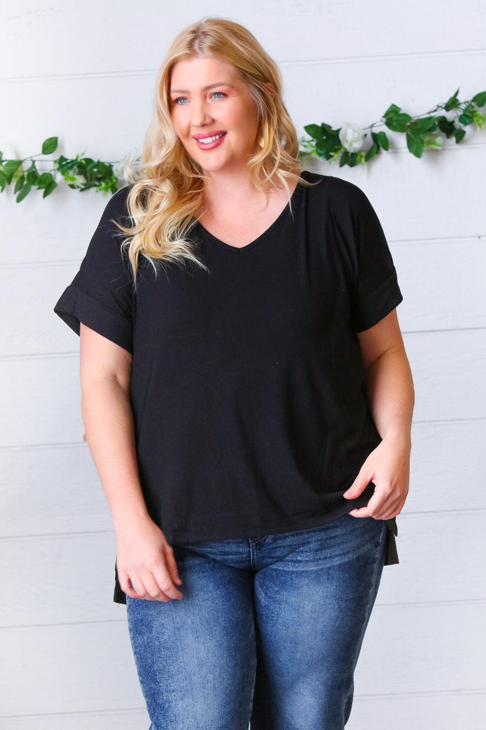Effortless Style: Black Ribbed V Neck Top-Short Sleeve Blouse-Evelyns Fashion