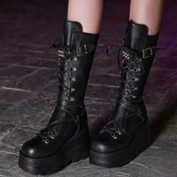 Effortless Style: PU Leather Lace-Up Wedge Boots-shoes-Evelyns Fashion