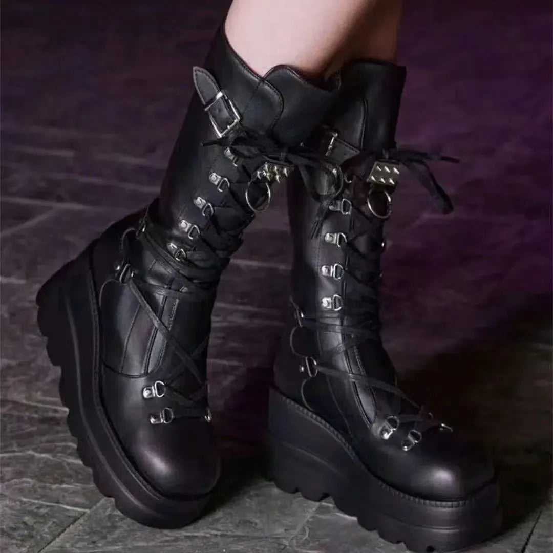Effortless Style: PU Leather Lace-Up Wedge Boots-shoes-Evelyns Fashion