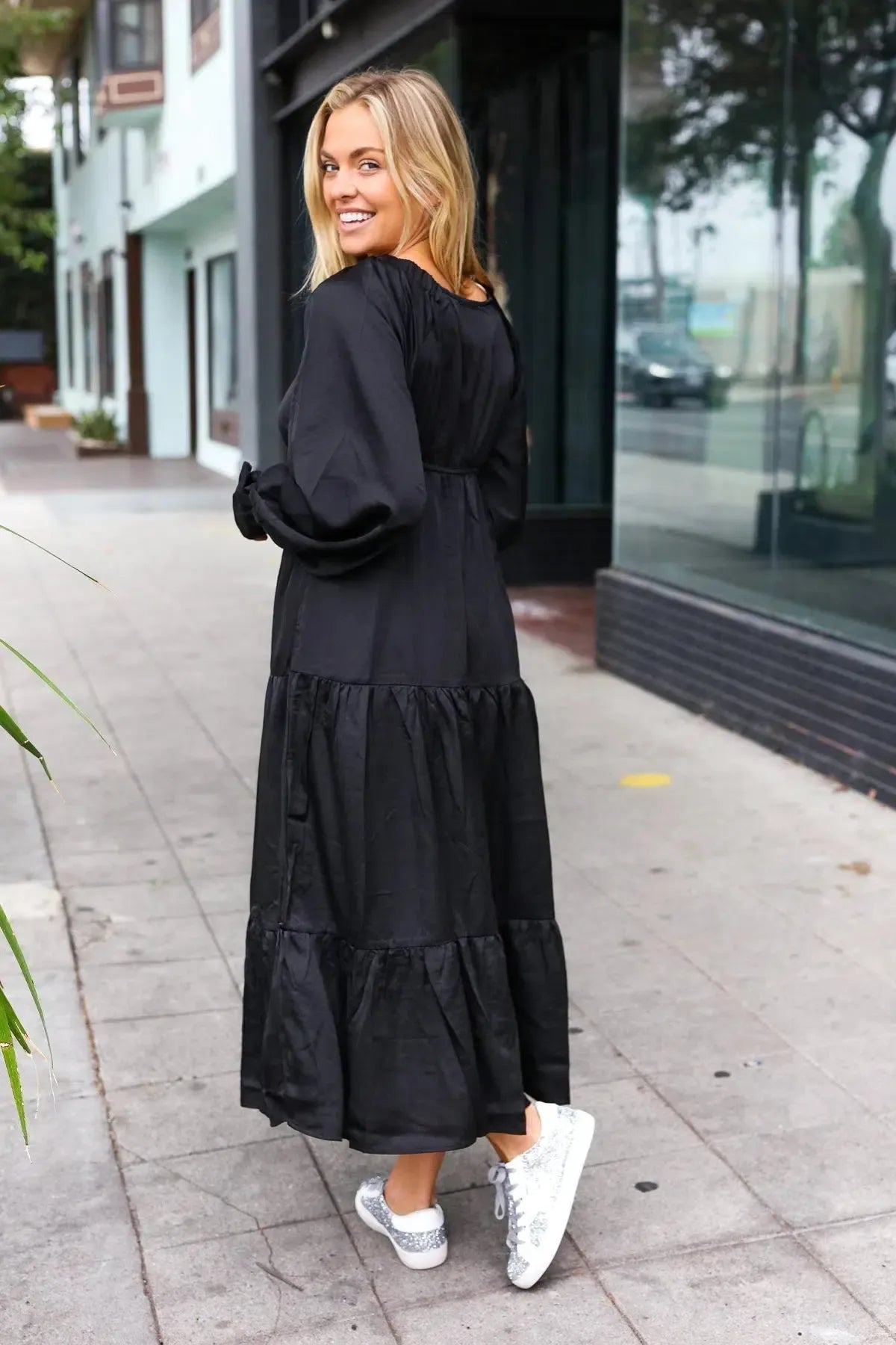 Elegant Black Elastic V Neck Tiered Satin Maxi Dress-2024 Blow-Out Sale-Evelyns Fashion