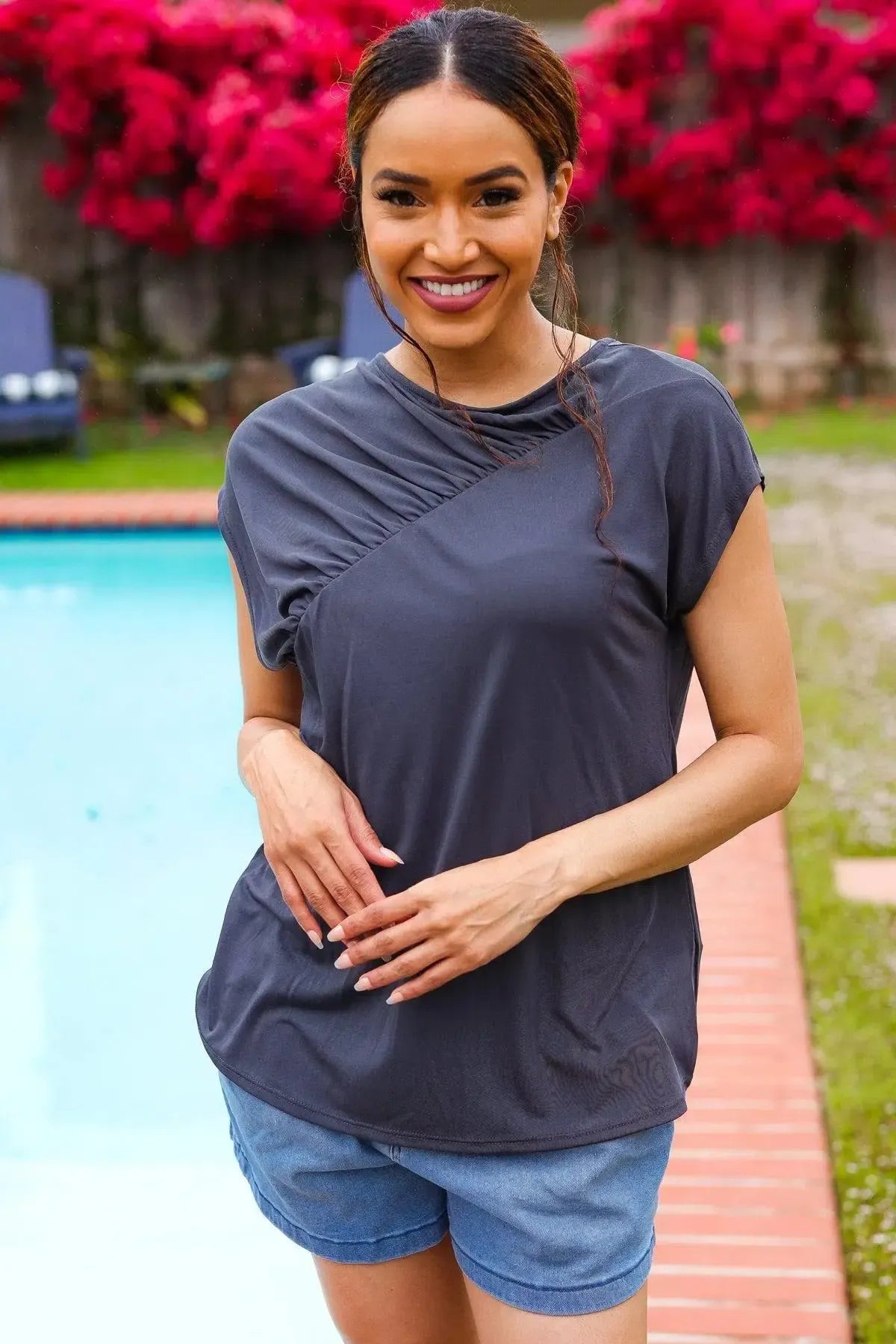 Elevate Your Look with Charcoal Asymmetrical Modal Top-2024 Blow-Out Sale-Evelyns Fashion