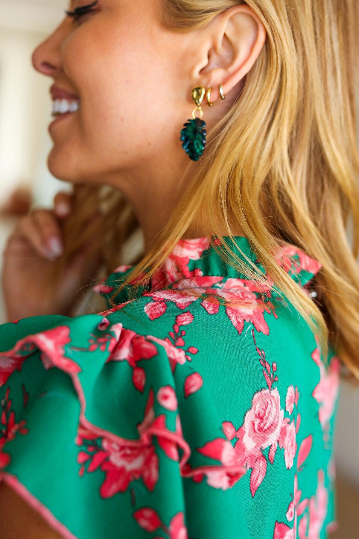 Emerald & Gold Monstera Leaf Dangle Earrings-2024 Blow-Out Sale-Evelyns Fashion
