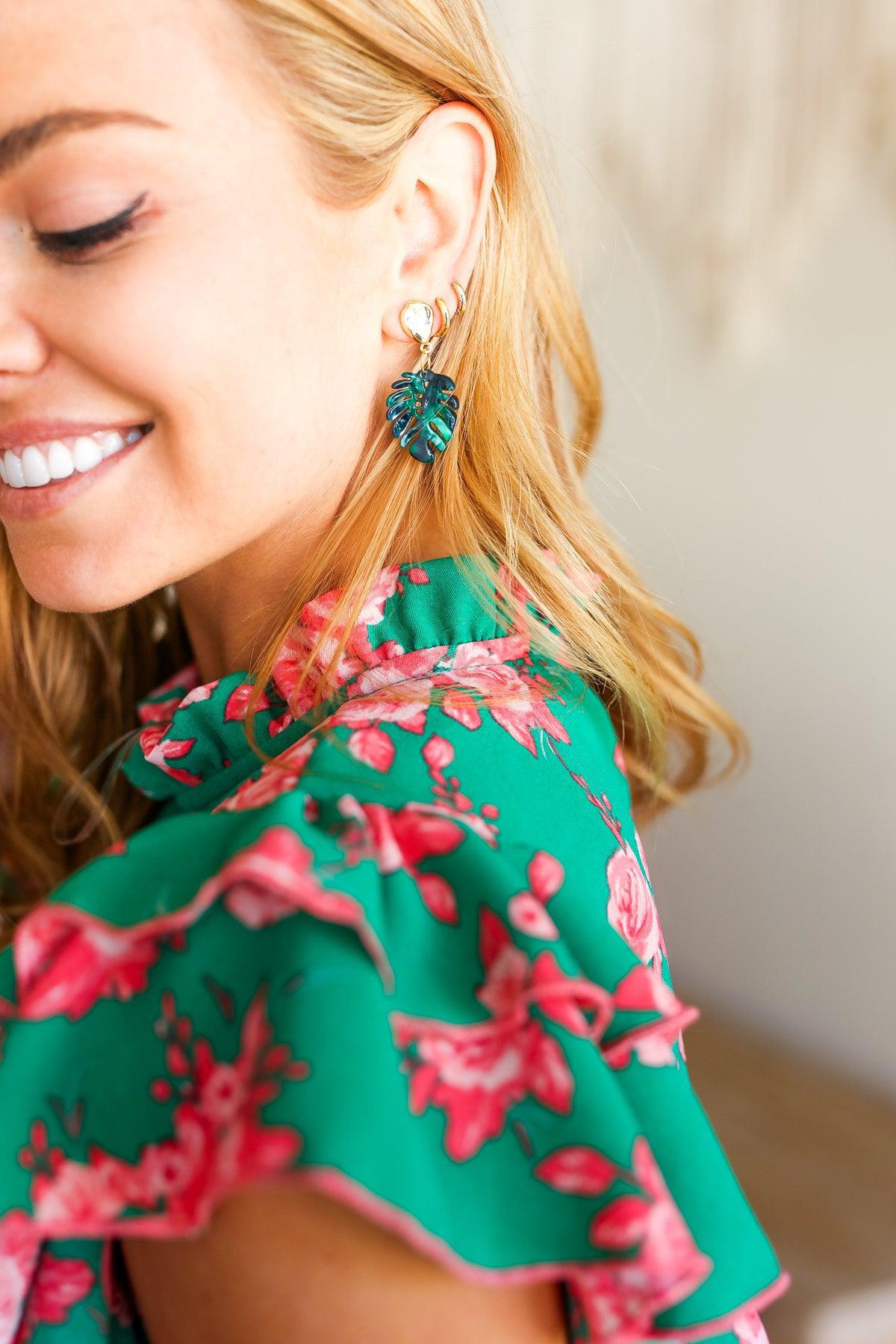 Emerald & Gold Monstera Leaf Dangle Earrings-2024 Blow-Out Sale-Evelyns Fashion