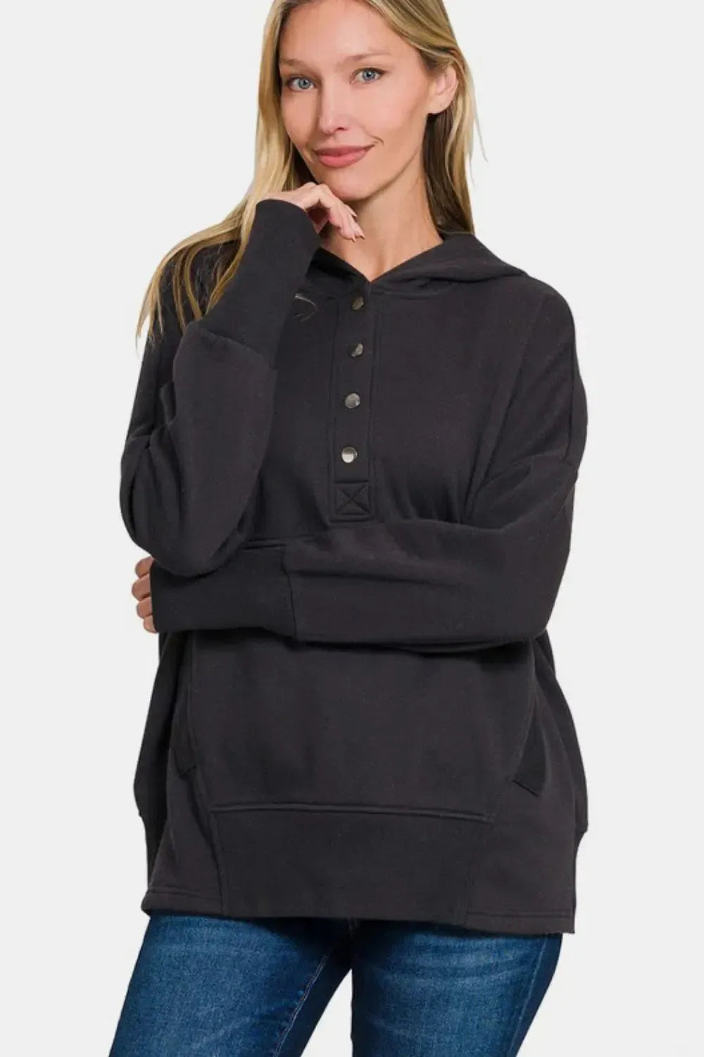 Everyday Comfort: Zenana Half Snap Hoodie-Apparel & Accessories-Evelyns Fashion