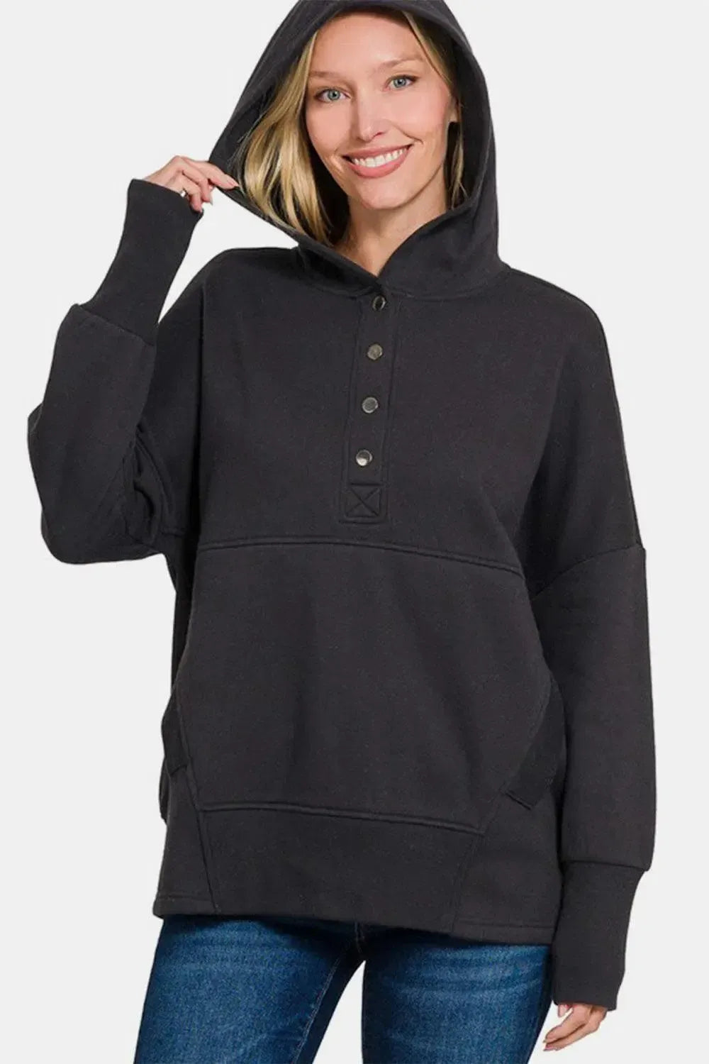 Everyday Comfort: Zenana Half Snap Hoodie-Apparel & Accessories-Evelyns Fashion