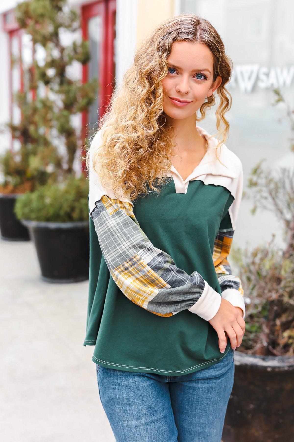 Fall For You Hunter Green Plaid Color Block Collared Terry Top-2024 Blow-Out Sale-Evelyns Fashion