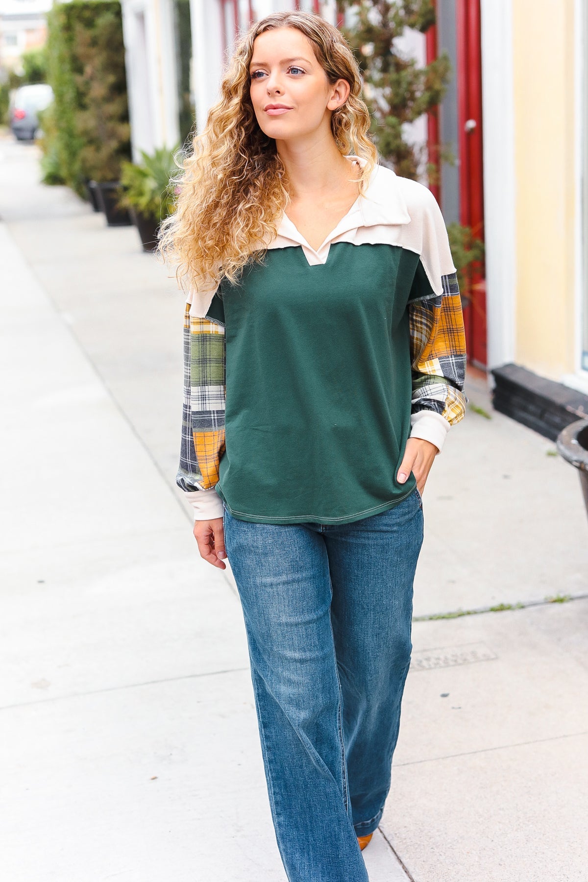 Fall For You Hunter Green Plaid Color Block Collared Terry Top-2024 Blow-Out Sale-Evelyns Fashion