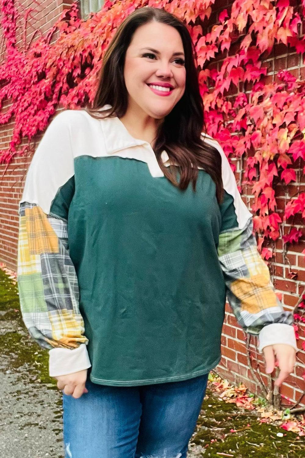 Fall For You Hunter Green Plaid Color Block Collared Terry Top-2024 Blow-Out Sale-Evelyns Fashion