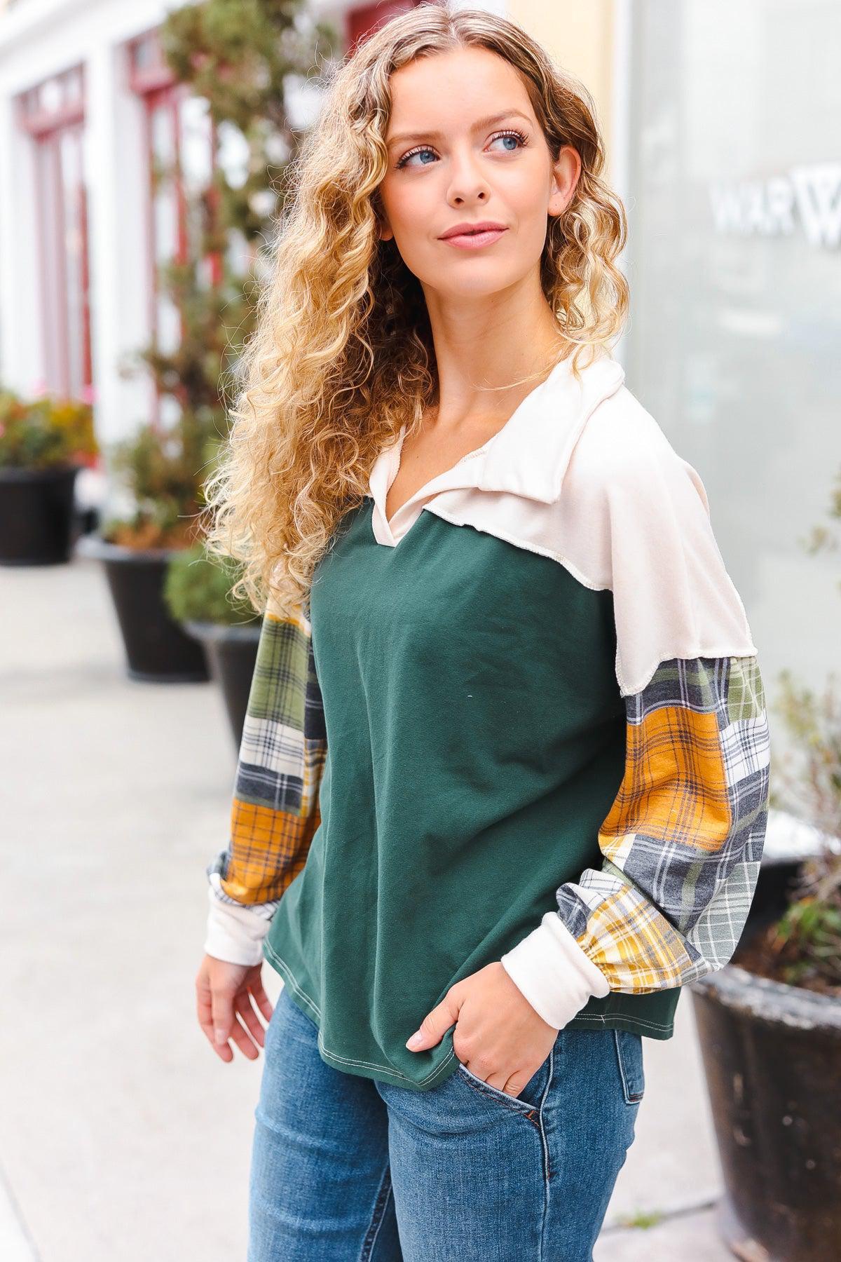 Fall For You Hunter Green Plaid Color Block Collared Terry Top-2024 Blow-Out Sale-Evelyns Fashion