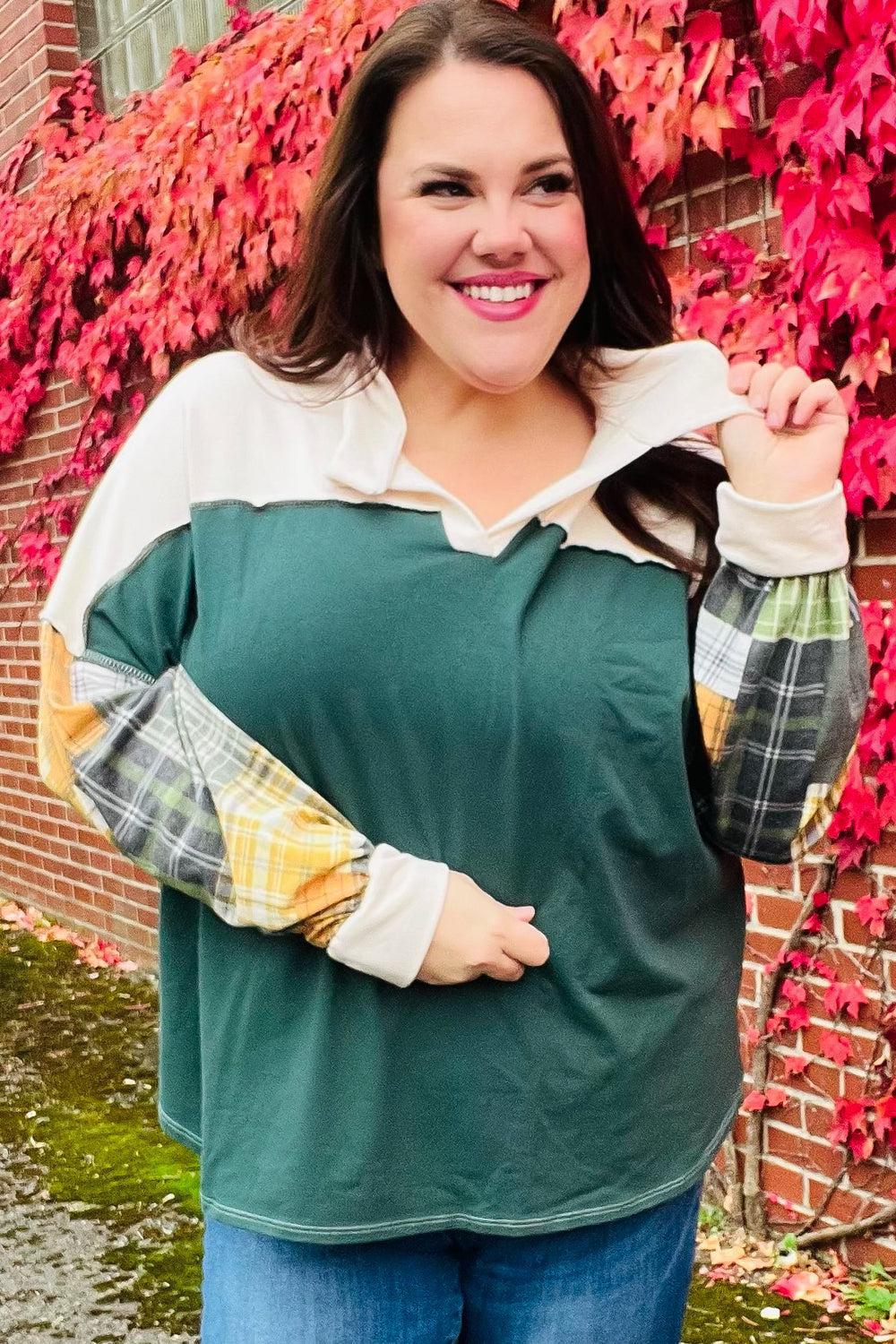 Fall For You Hunter Green Plaid Color Block Collared Terry Top-2024 Blow-Out Sale-Evelyns Fashion