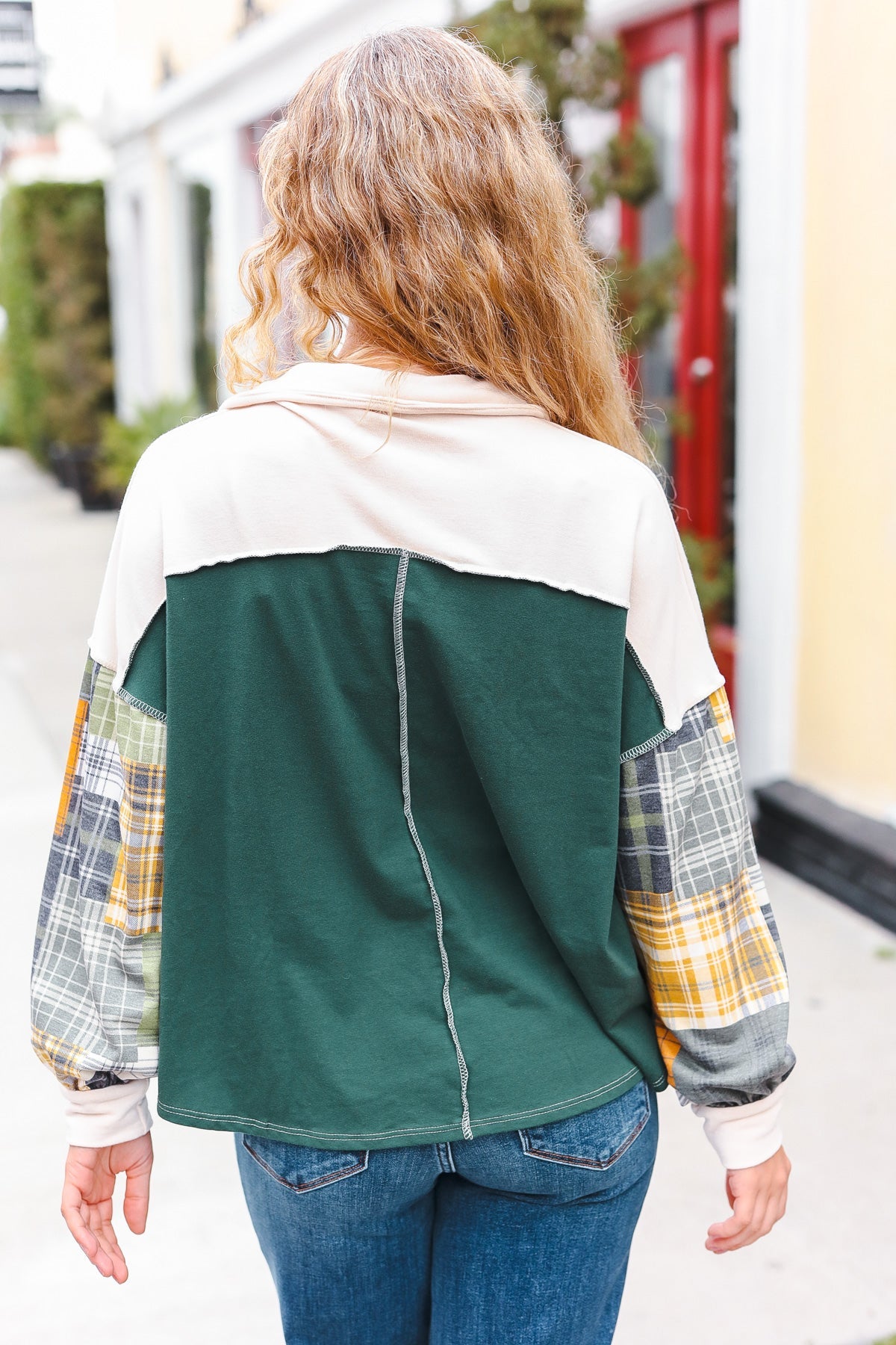 Fall For You Hunter Green Plaid Color Block Collared Terry Top-2024 Blow-Out Sale-Evelyns Fashion