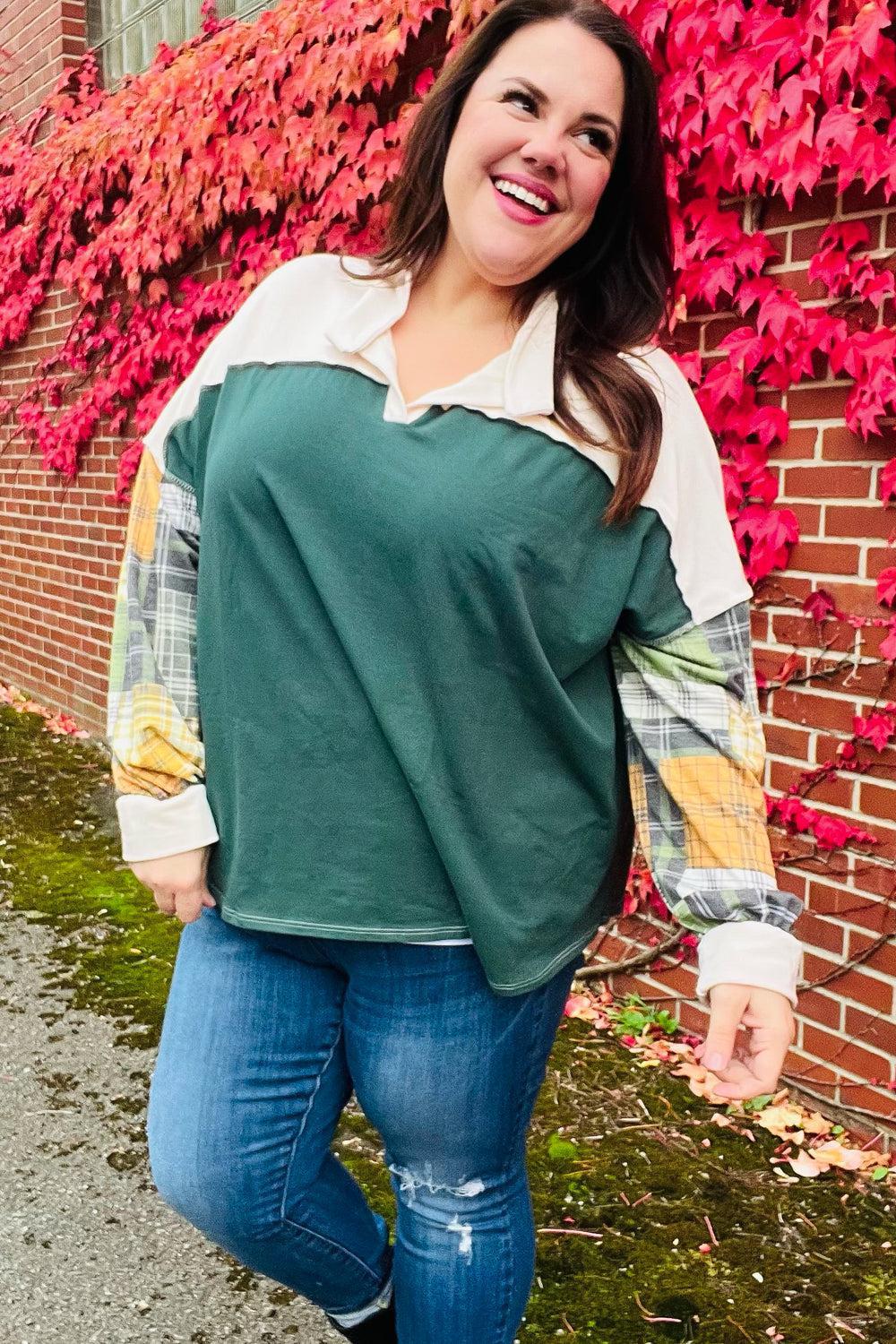 Fall For You Hunter Green Plaid Color Block Collared Terry Top-2024 Blow-Out Sale-Evelyns Fashion