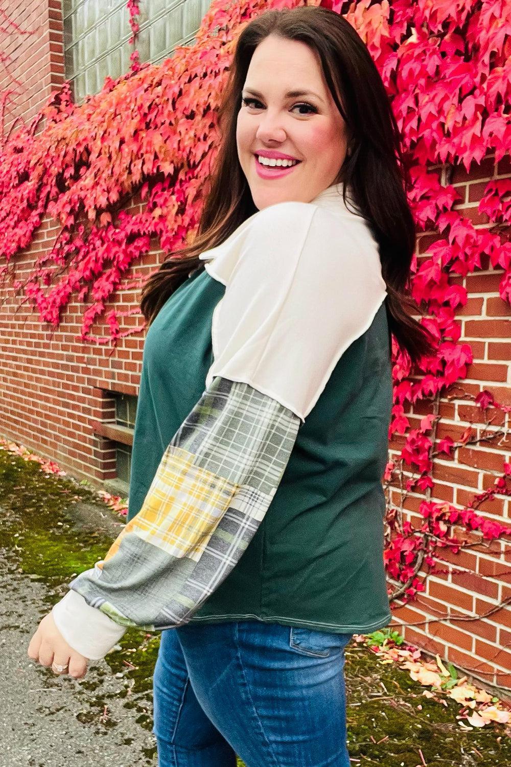 Fall For You Hunter Green Plaid Color Block Collared Terry Top-2024 Blow-Out Sale-Evelyns Fashion
