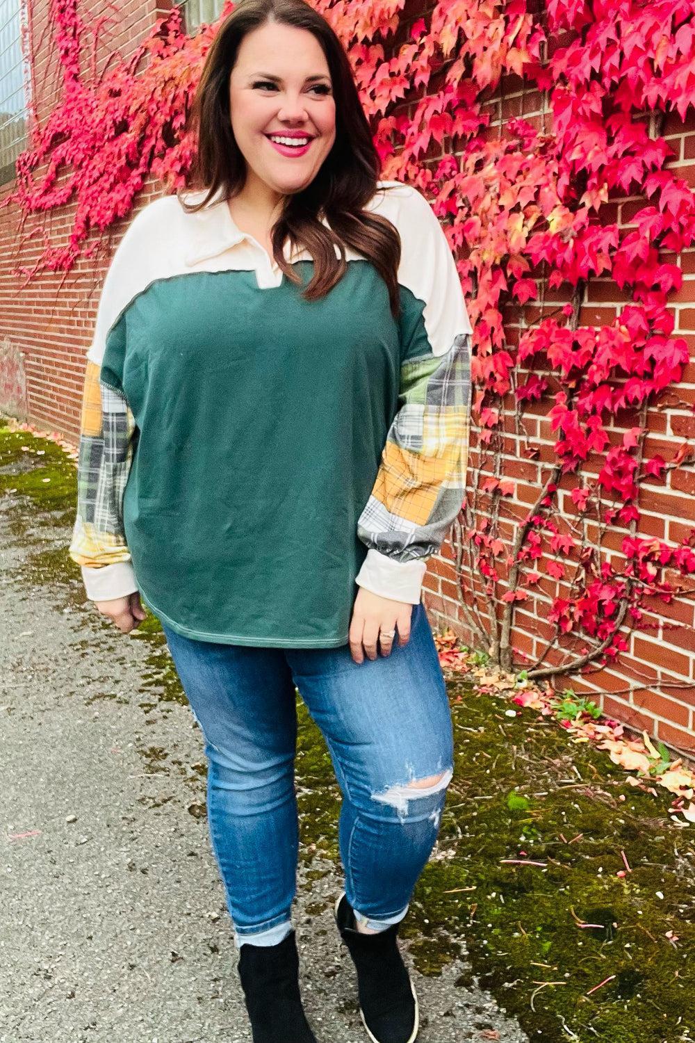 Fall For You Hunter Green Plaid Color Block Collared Terry Top-2024 Blow-Out Sale-Evelyns Fashion