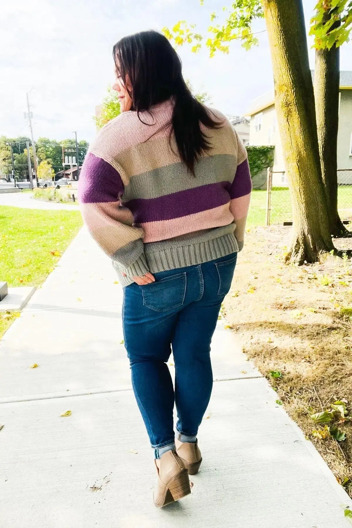 Fall For You Mauve Multicolor Stripe Cable Knit Mock Neck Sweater-2024 Blow-Out Sale-Evelyns Fashion