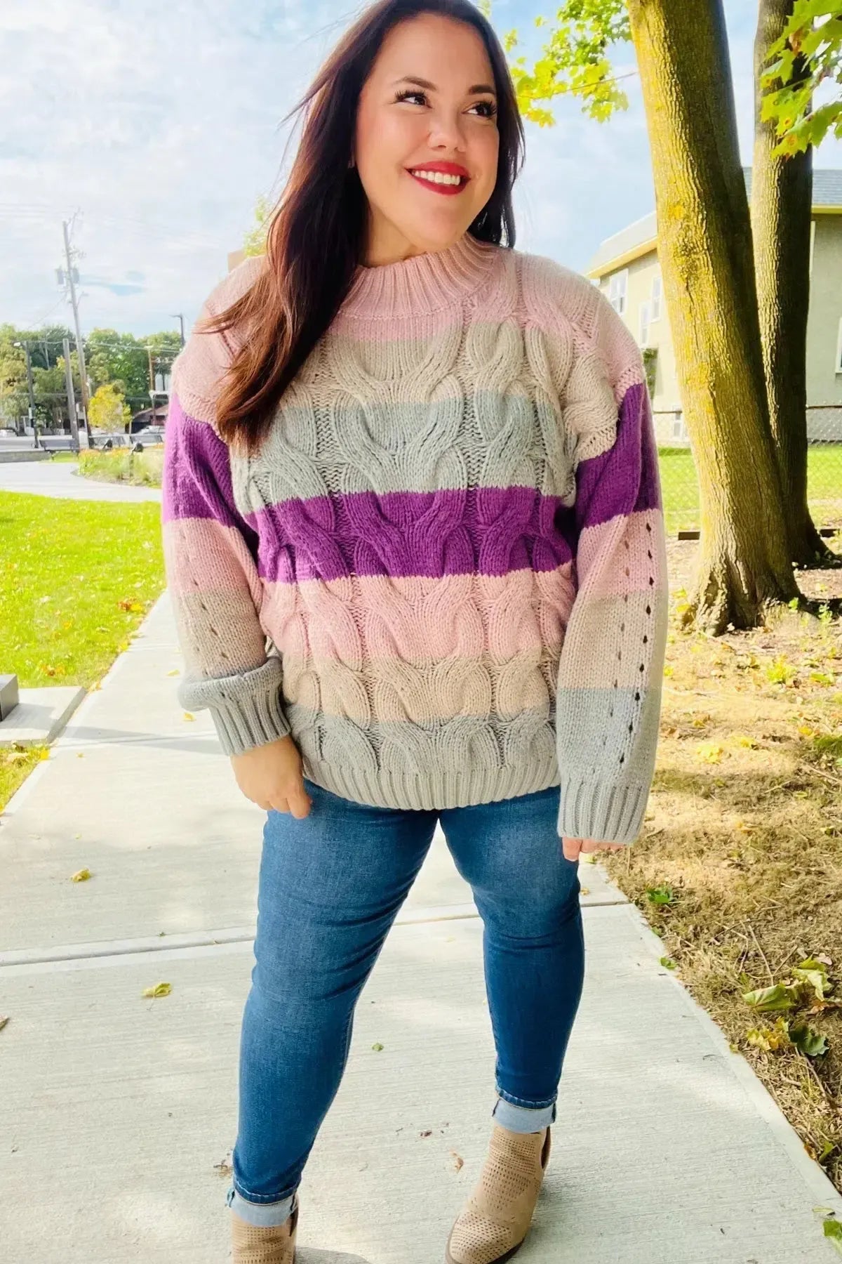 Fall For You Mauve Multicolor Stripe Cable Knit Mock Neck Sweater-2024 Blow-Out Sale-Evelyns Fashion