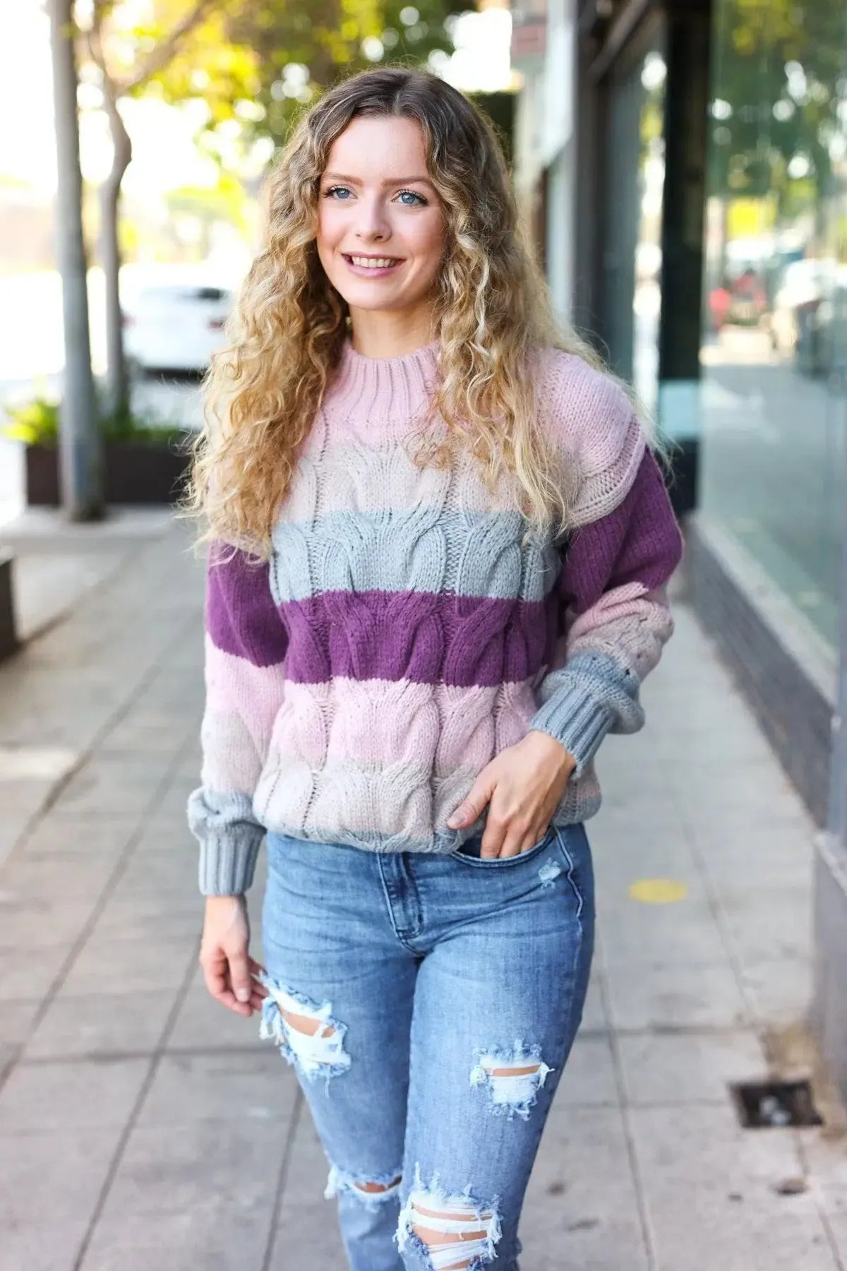 Fall For You Mauve Multicolor Stripe Cable Knit Mock Neck Sweater-2024 Blow-Out Sale-Evelyns Fashion