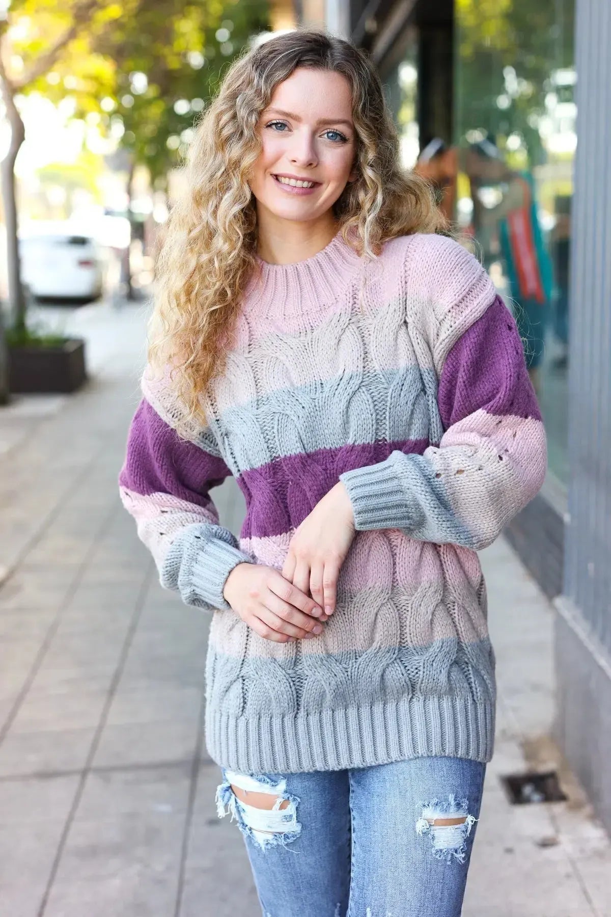 Fall For You Mauve Multicolor Stripe Cable Knit Mock Neck Sweater-2024 Blow-Out Sale-Evelyns Fashion