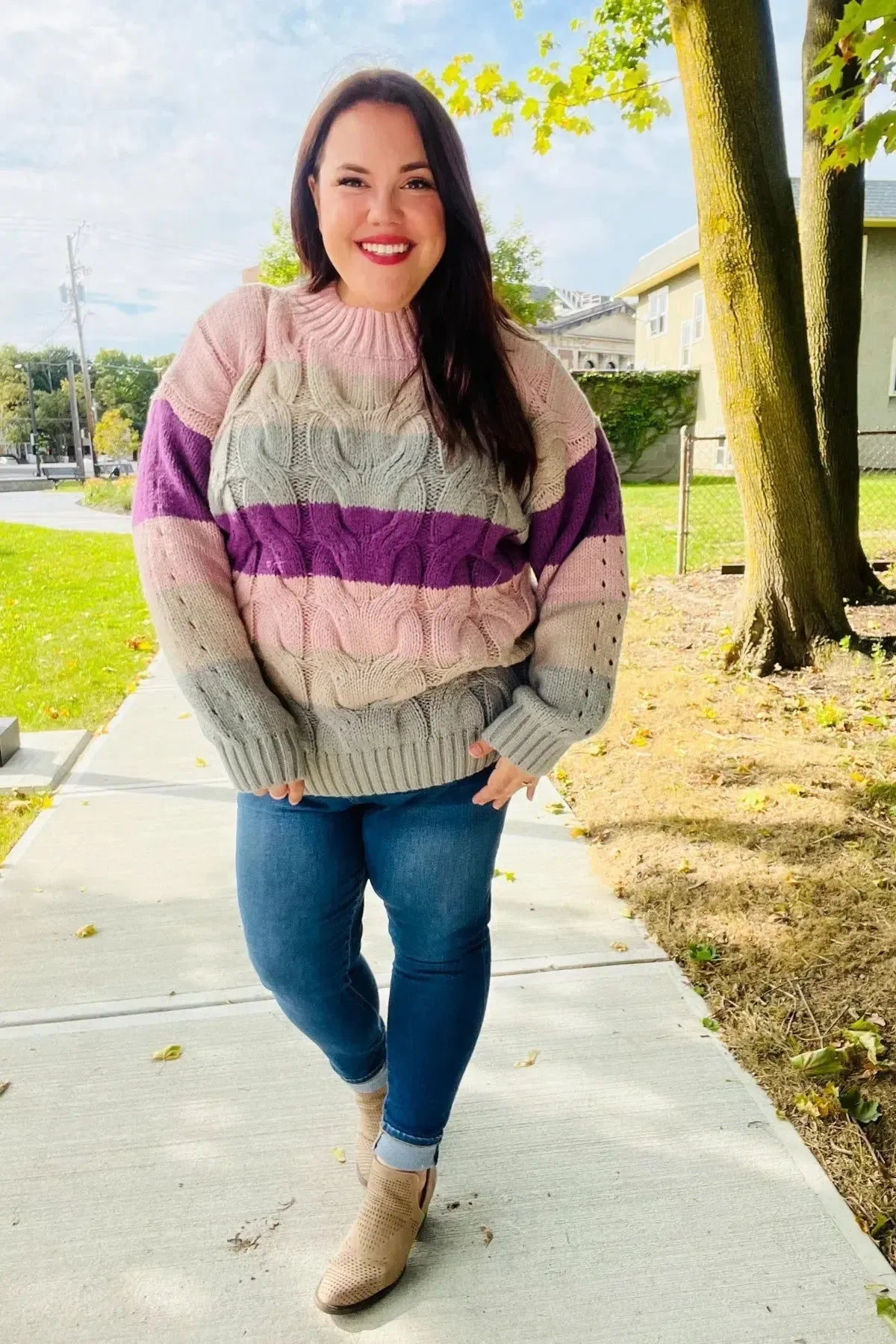 Fall For You Mauve Multicolor Stripe Cable Knit Mock Neck Sweater-2024 Blow-Out Sale-Evelyns Fashion