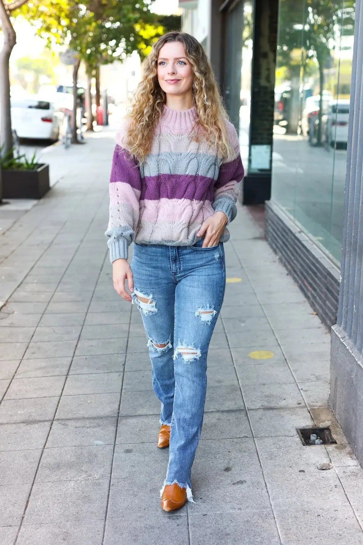 Fall For You Mauve Multicolor Stripe Cable Knit Mock Neck Sweater-2024 Blow-Out Sale-Evelyns Fashion