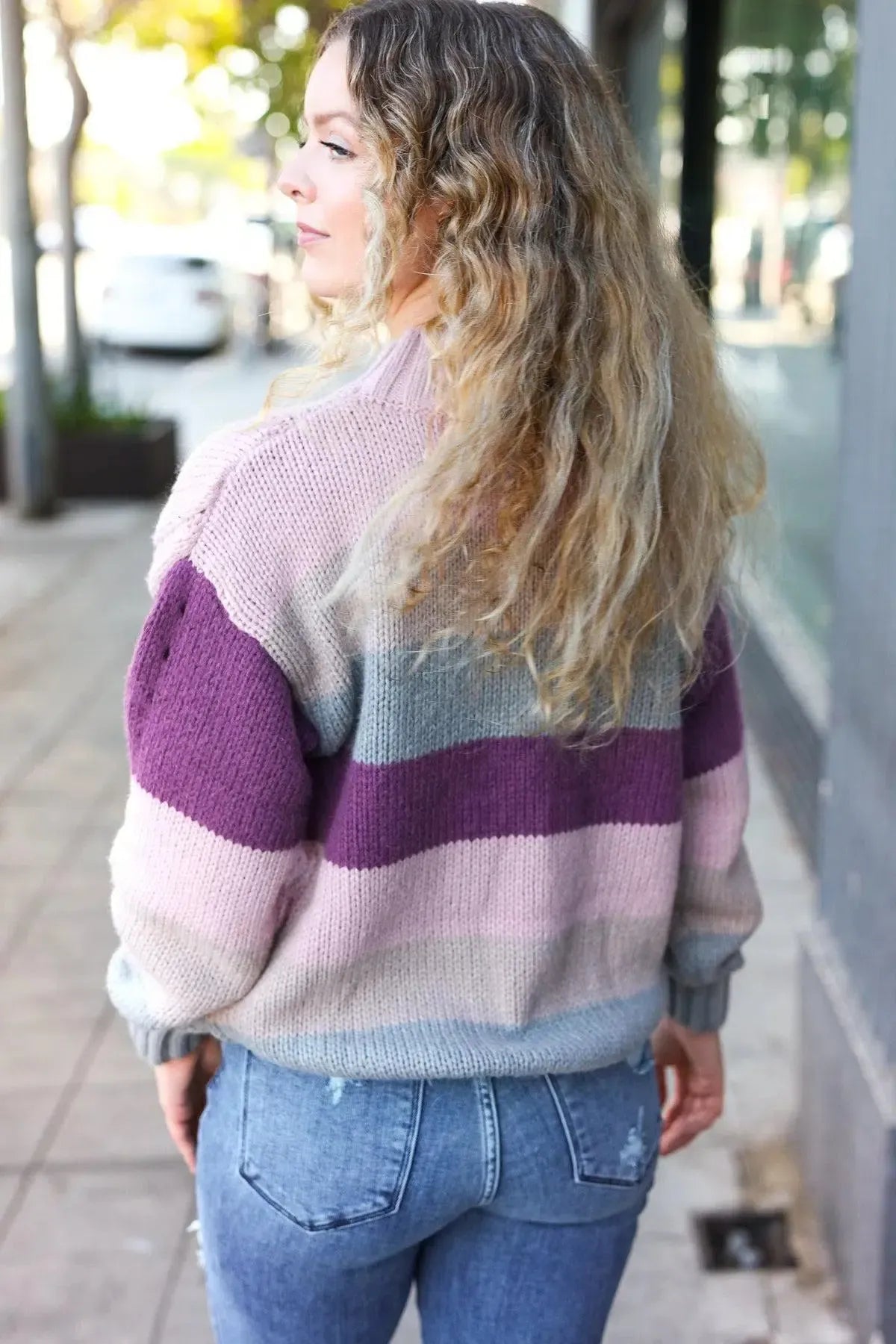 Fall For You Mauve Multicolor Stripe Cable Knit Mock Neck Sweater-2024 Blow-Out Sale-Evelyns Fashion