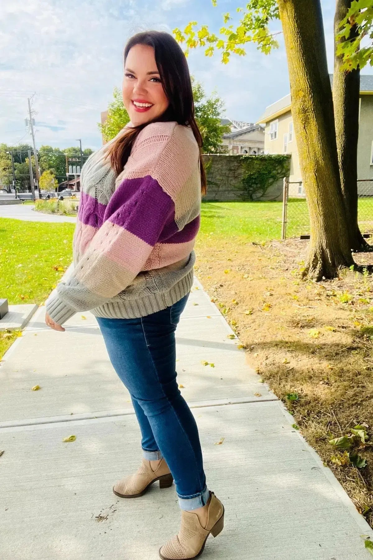 Fall For You Mauve Multicolor Stripe Cable Knit Mock Neck Sweater-2024 Blow-Out Sale-Evelyns Fashion