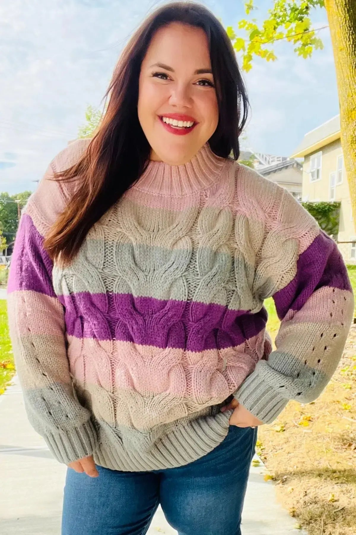 Fall For You Mauve Multicolor Stripe Cable Knit Mock Neck Sweater-2024 Blow-Out Sale-Evelyns Fashion