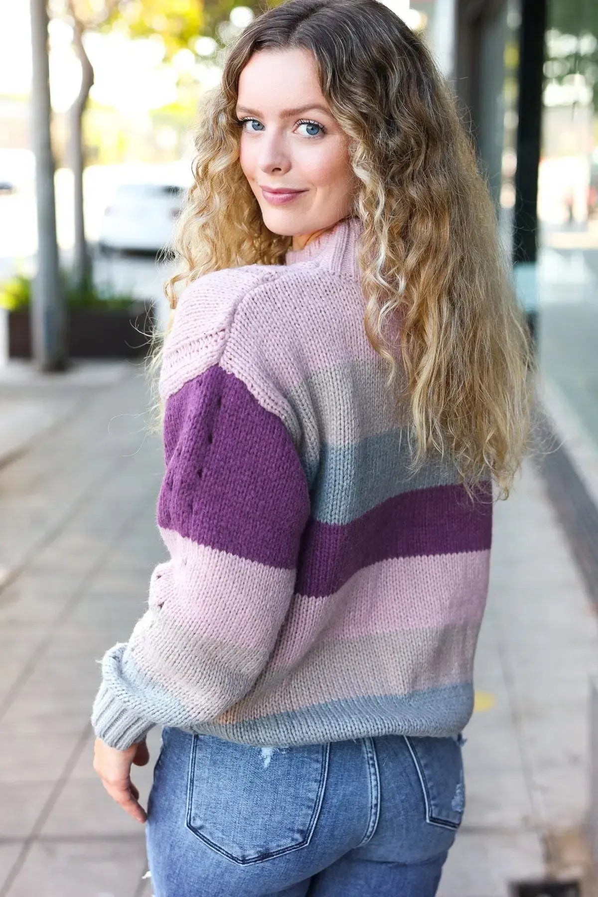 Fall For You Mauve Multicolor Stripe Cable Knit Mock Neck Sweater-2024 Blow-Out Sale-Evelyns Fashion