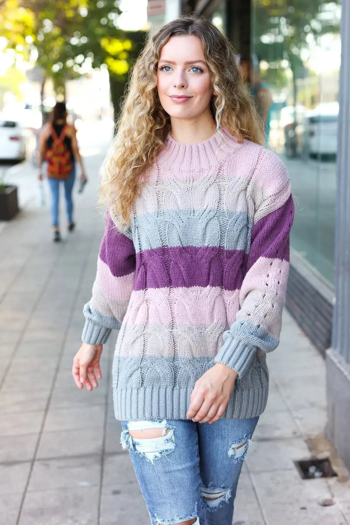 Fall For You Mauve Multicolor Stripe Cable Knit Mock Neck Sweater-2024 Blow-Out Sale-Evelyns Fashion