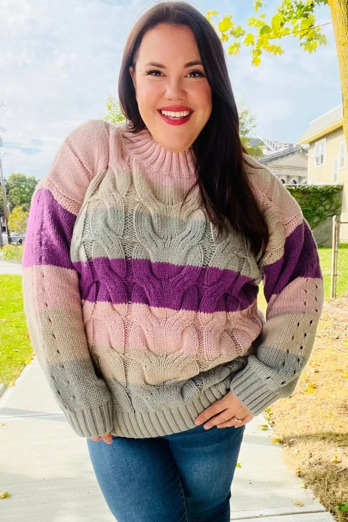 Fall For You Mauve Multicolor Stripe Cable Knit Mock Neck Sweater-2024 Blow-Out Sale-Evelyns Fashion