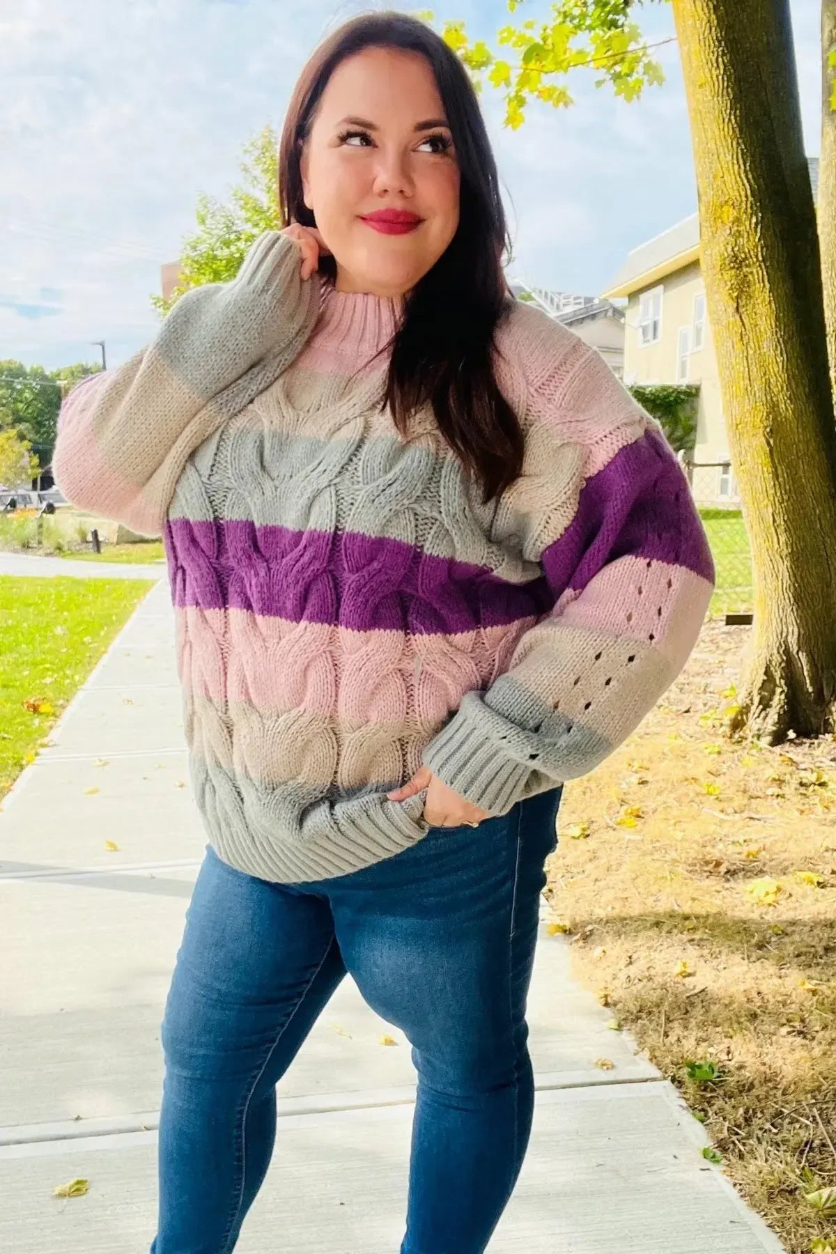 Fall For You Mauve Multicolor Stripe Cable Knit Mock Neck Sweater-2024 Blow-Out Sale-Evelyns Fashion